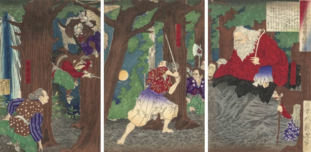 kuramayama sojodani ushiwakamaru gekito renma no zu [ushiwakamaru trains his art of sword at sojodani, mt. kurama] (triptych)|鞍馬山僧正蹊牛孺麿撃刀練磨之図（三枚続） by tsukioka yoshitoshi
